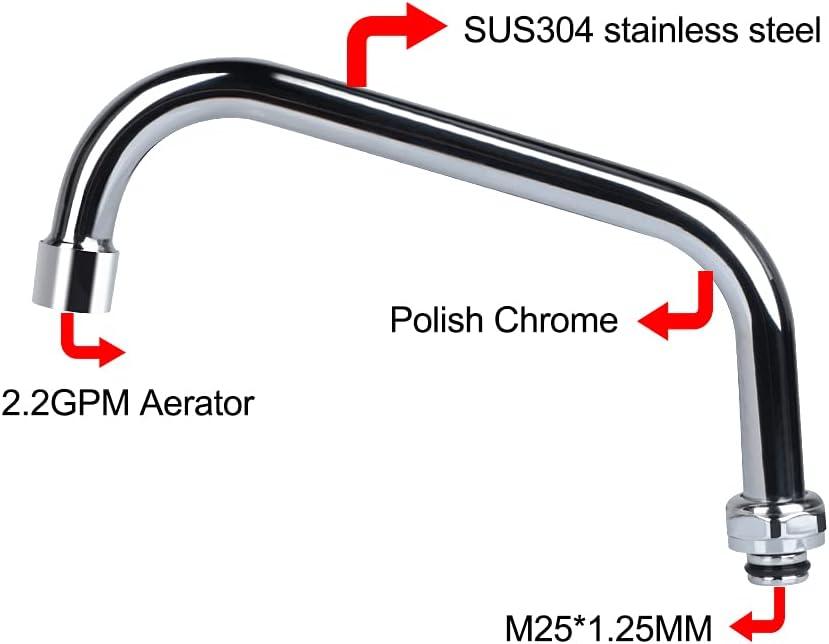 KWODE 8” Swivel Swing Nozzle Spout Replacement Kit for All Brand Commercial Kitchen Sink Faucet with M25*1.25mm Connector Size and 2.2 GPM Aerator, 360°Stainless Steel Add-on Spout Chrome Finish