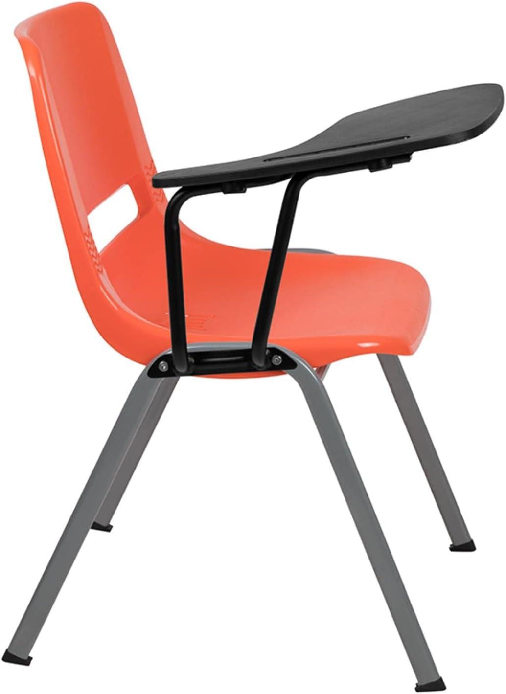 Compact Orange Ergonomic Shell Chair with Flip-Up Tablet Arm