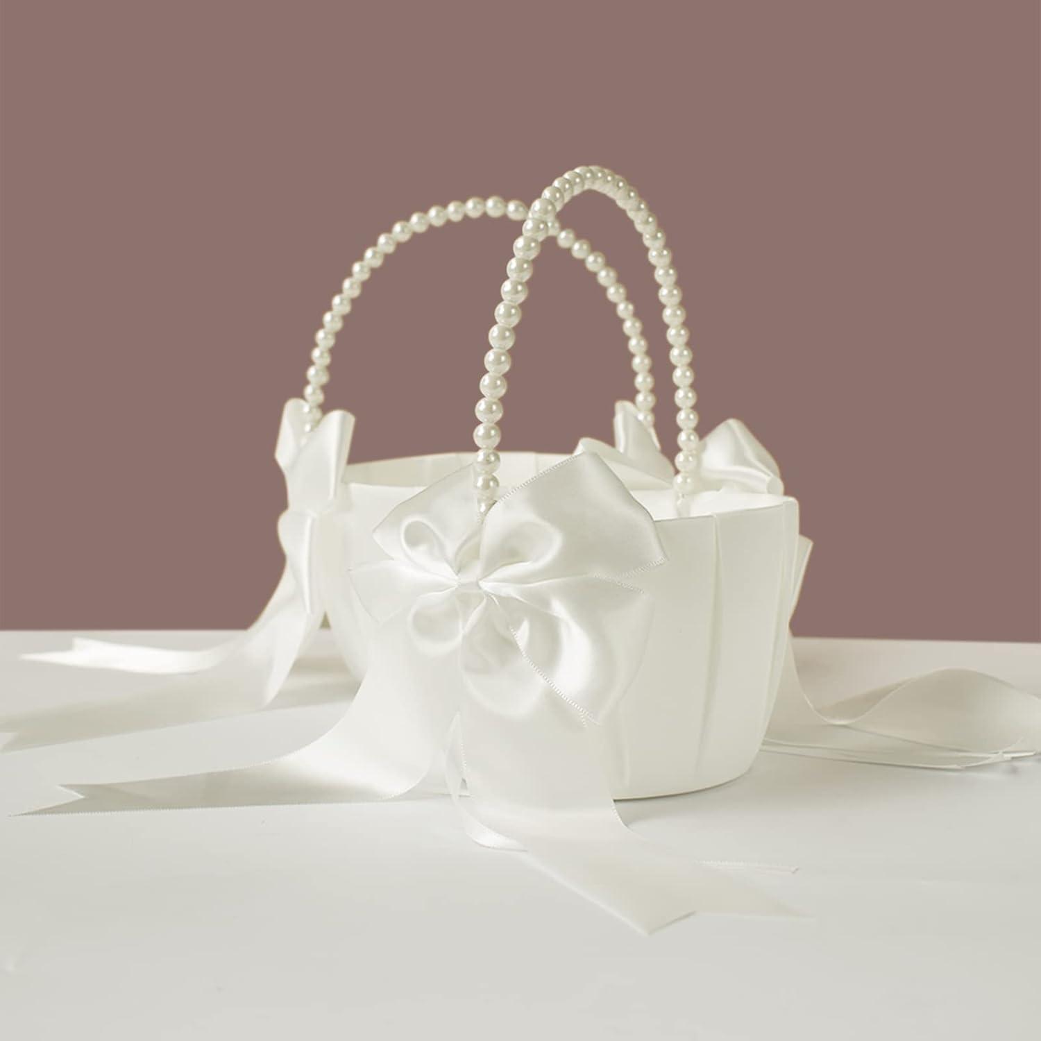 2 PCS Flower Girl Baskets Set- Cute Cherish Wedding Flower Baskets (Ivory)