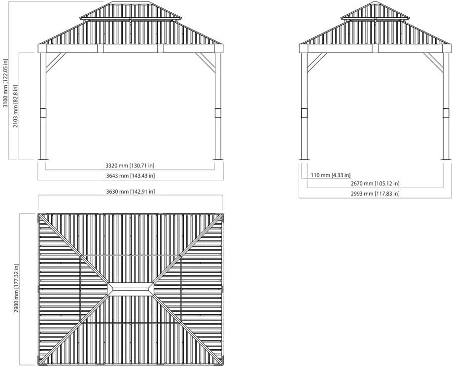 Sojag Outdoor 10' x 12' Fontana Hardtop Double Roof Gazebo Outdoor Sun Shelter, Wood and Black