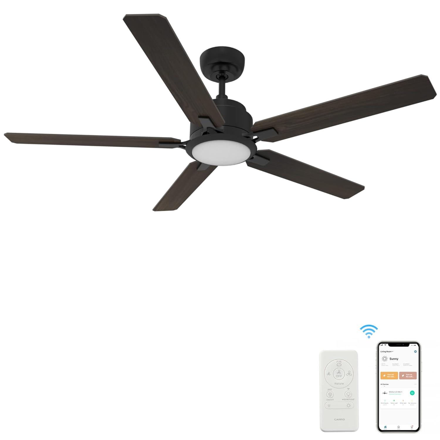 52" 5 Baldes Smart Wifi Ceiling Fan with Remote and Dimmable LED Light Dark Wood