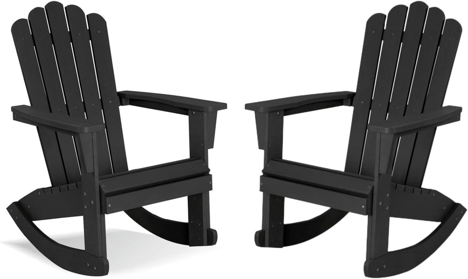 Flash Furniture Set of 2 Savannah Commercial Grade All-Weather Poly Resin Wood Adirondack Rocking Chairs with Side Table in Black