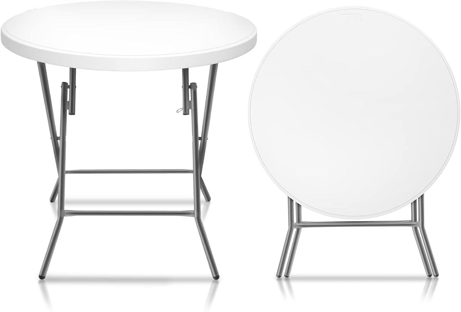 Vingli 32" Round White Plastic Folding Dining Table with Gray Steel Frame