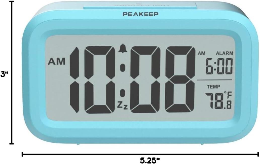 PEAKEEP Smart Night Light Digital Alarm Clock with Indoor Temperature, Battery Operated Desk Small Clock (Blue)