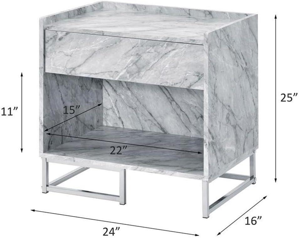 Ergode Accent Table White Printed Faux Marble & Chrome Finish