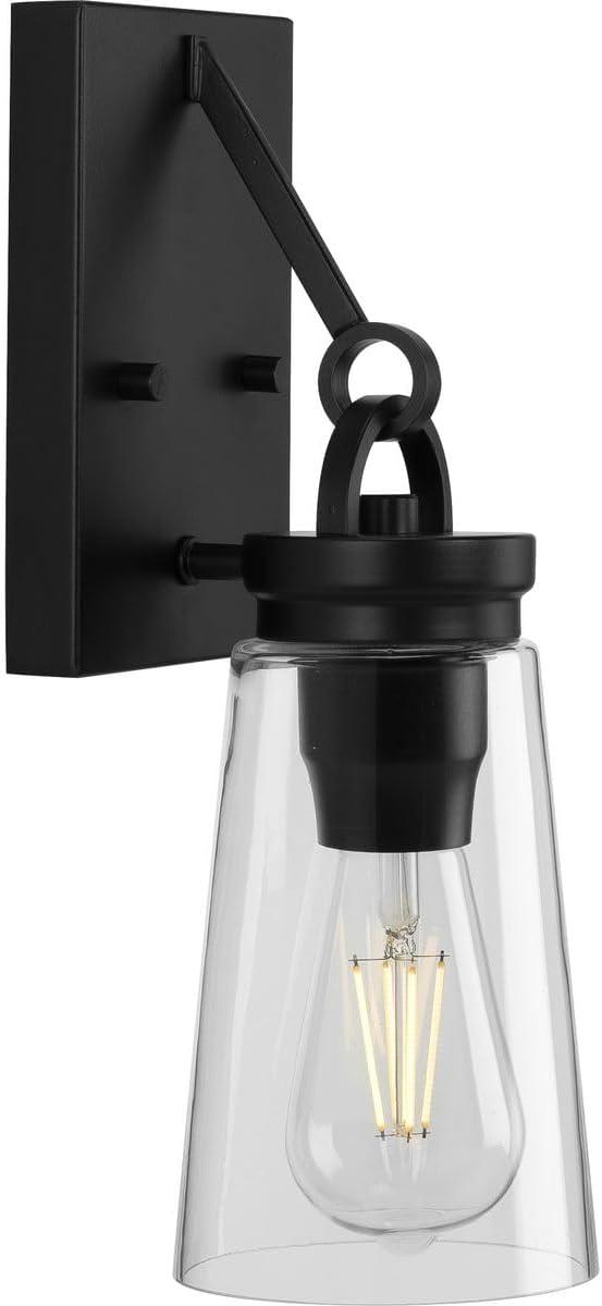 Progress Lighting Stockbrace 1-Light Matte Black Farmhouse Wall Light with Clear Glass Shade