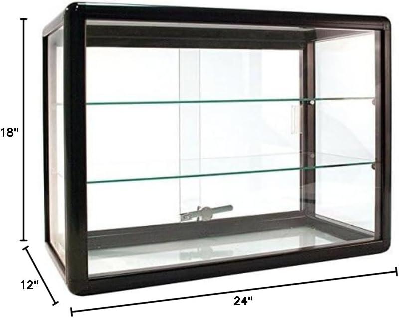 Only Garment Racks Elegant Black Aluminum Display Table Top Tempered Glass Show Case. Sliding Glass Doors with Lock