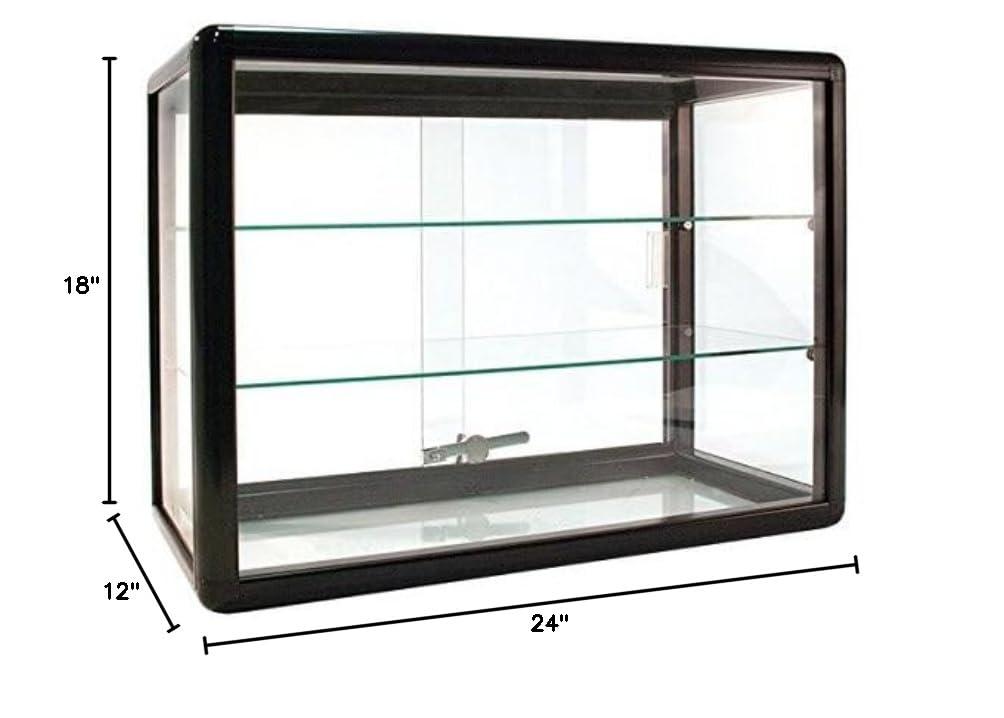 Only Garment Racks Elegant Black Aluminum Display Table Top Tempered Glass Show Case. Sliding Glass Doors with Lock