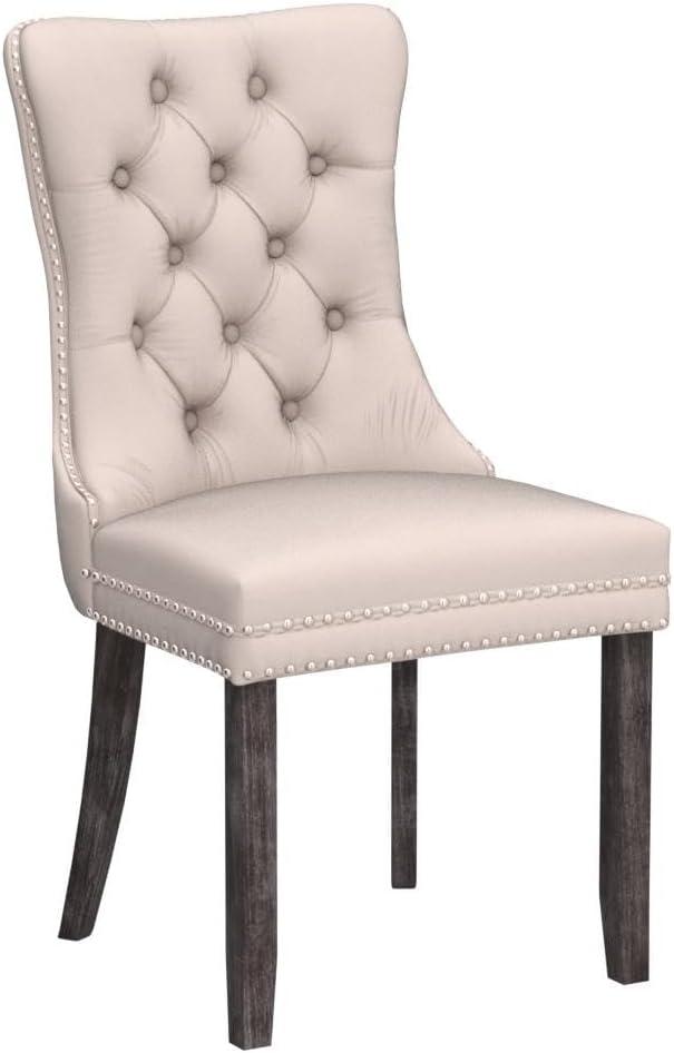 BELLEZE Upholstered Dining Chairs Set of 2, Velvet Luxury Dining Room Chairs with Button Back, Nailhead Trim, Pull-ring, Solid Wood Legs for Kitchen, Living Room, Restaurant - Chandler (Beige)