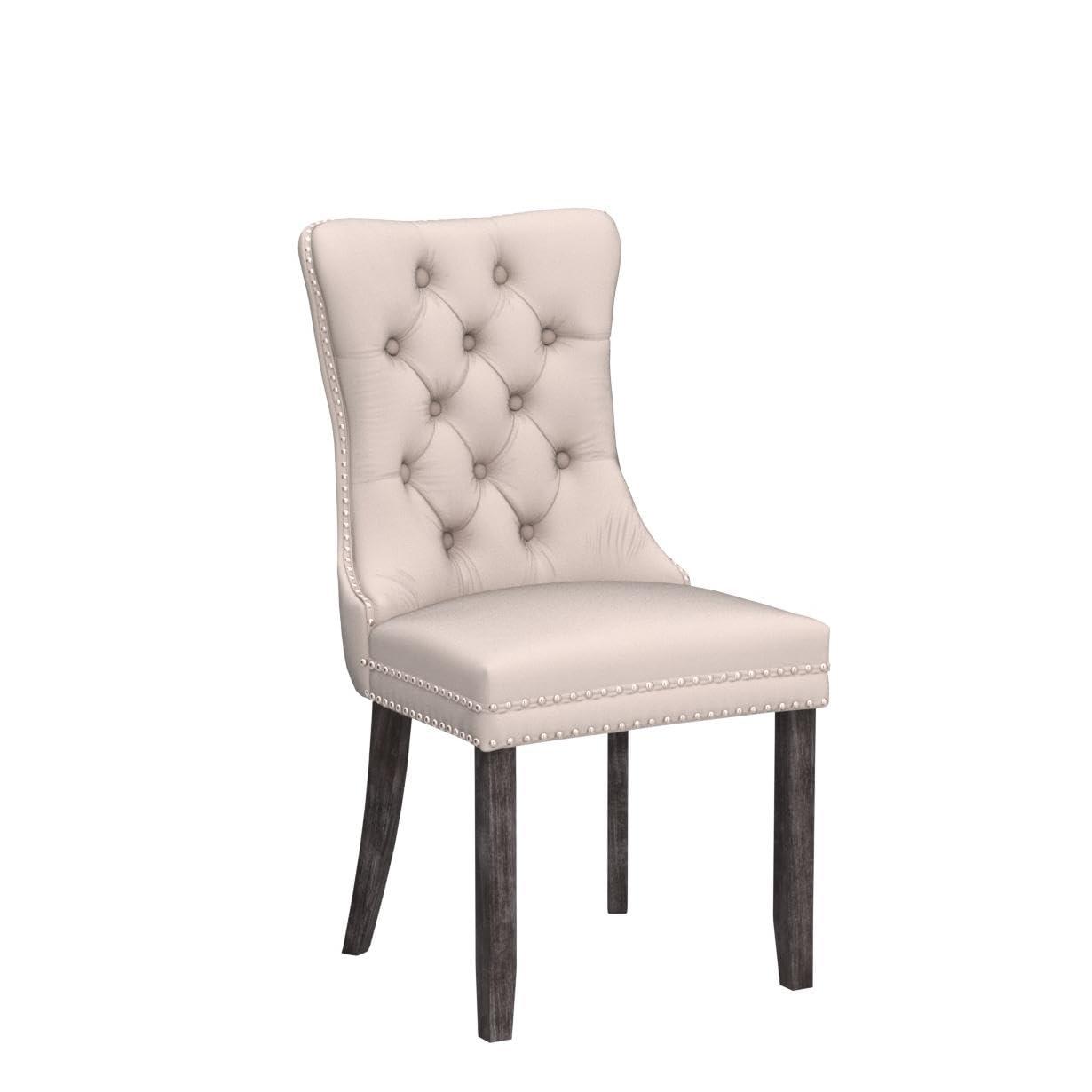 BELLEZE Upholstered Dining Chairs Set of 2, Velvet Luxury Dining Room Chairs with Button Back, Nailhead Trim, Pull-ring, Solid Wood Legs for Kitchen, Living Room, Restaurant - Chandler (Beige)