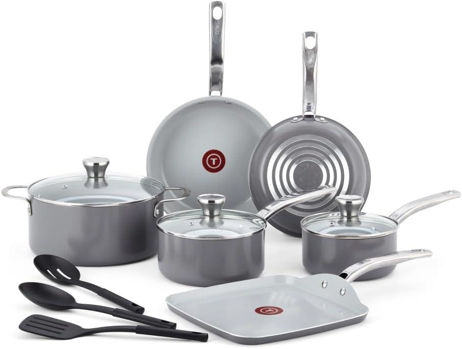 T-fal Fresh Ceramic Nonstick Cookware Set, Recycled Aluminum, 12 piece