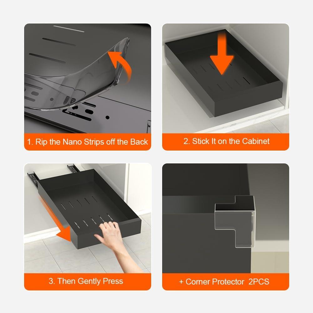 Pull Out Cabinet Organizer, Carbon Steel Cabinet Drawers Slide Out, Pantry Storage Shelves with Nano Adhesive Strip for Kitchen, Bathroom and Living Room 10.3" W X 17.0" D X 2.8H Grey