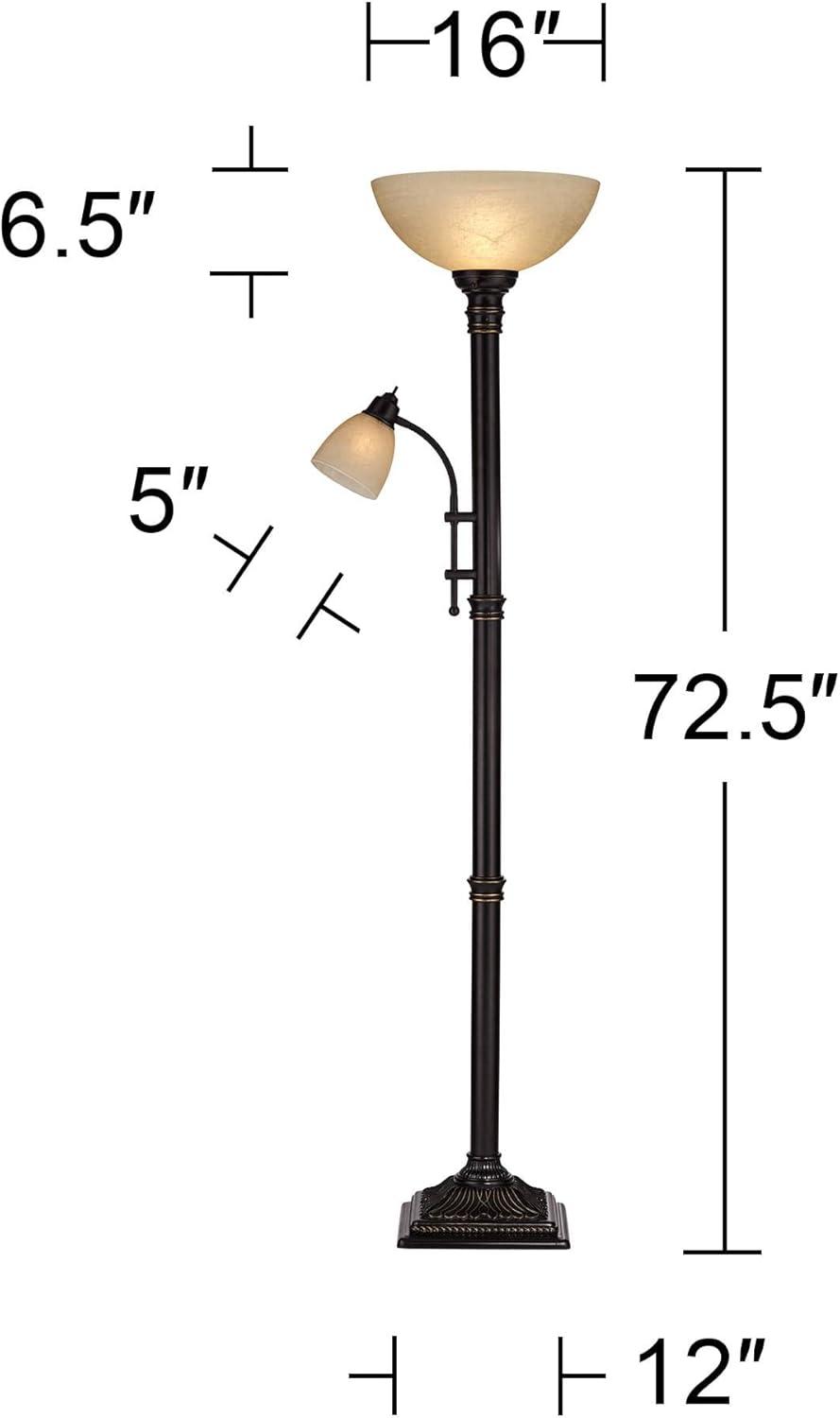 Regency Hill Garver Rustic Retro Torchiere Floor Lamp 72 1/2" Tall Oil Rubbed Bronze with Side Light Amber Glass Shade for Living Room Reading Bedroom