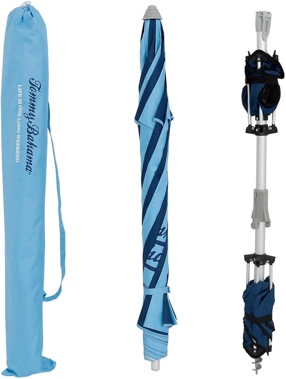 7 ft Fiberglass Tommy Bahama Beach Umbrella for Sand with Folding Anchor Base, Integrated Table, Telescopic Aluminum Pole, UPF 50+, Tilt