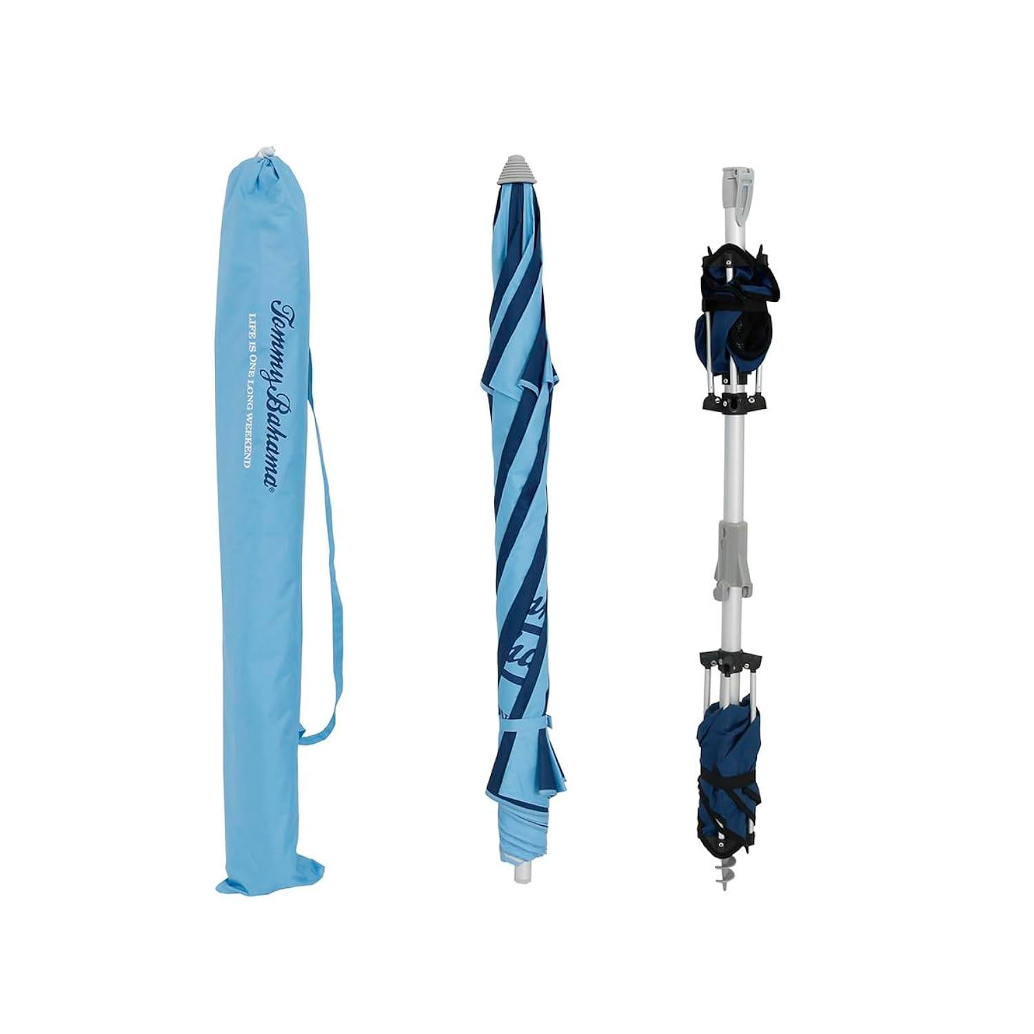 7 ft Fiberglass Tommy Bahama Beach Umbrella for Sand with Folding Anchor Base, Integrated Table, Telescopic Aluminum Pole, UPF 50+, Tilt