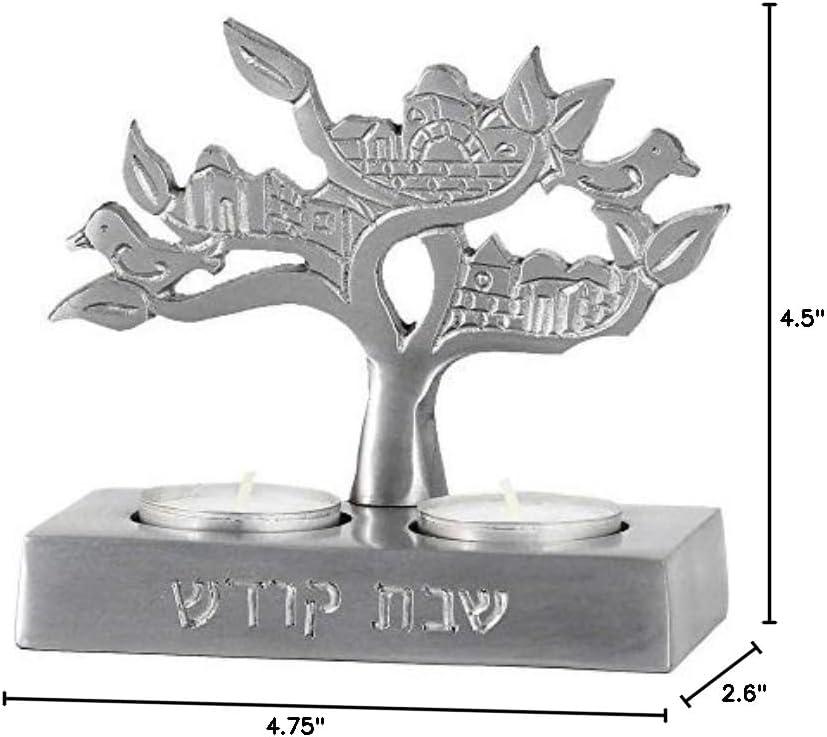 Tealight Candle Holder for Shabbat Fits 2 Candles - Jerusalem Theme Tree of Life - Engraved in Hebrew Shabbos Kodesh (Holy Sabbath) Tea Light Compact Travel Candlestick by Zion Judaica