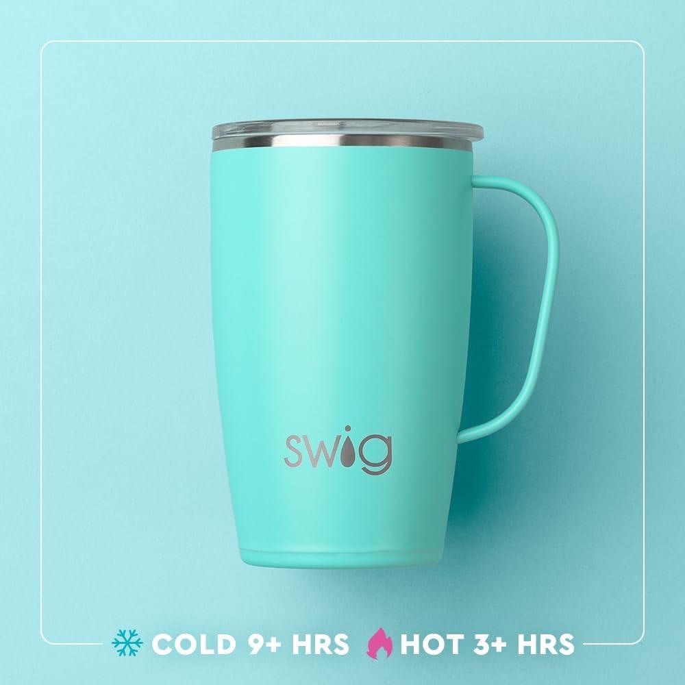 Swig Life 18oz Travel Mug with Handle and Lid, Stainless Steel, Dishwasher Safe, Cup Holder Friendly, Triple Insulated Coffee Mug Tumbler in Purple Reign Print