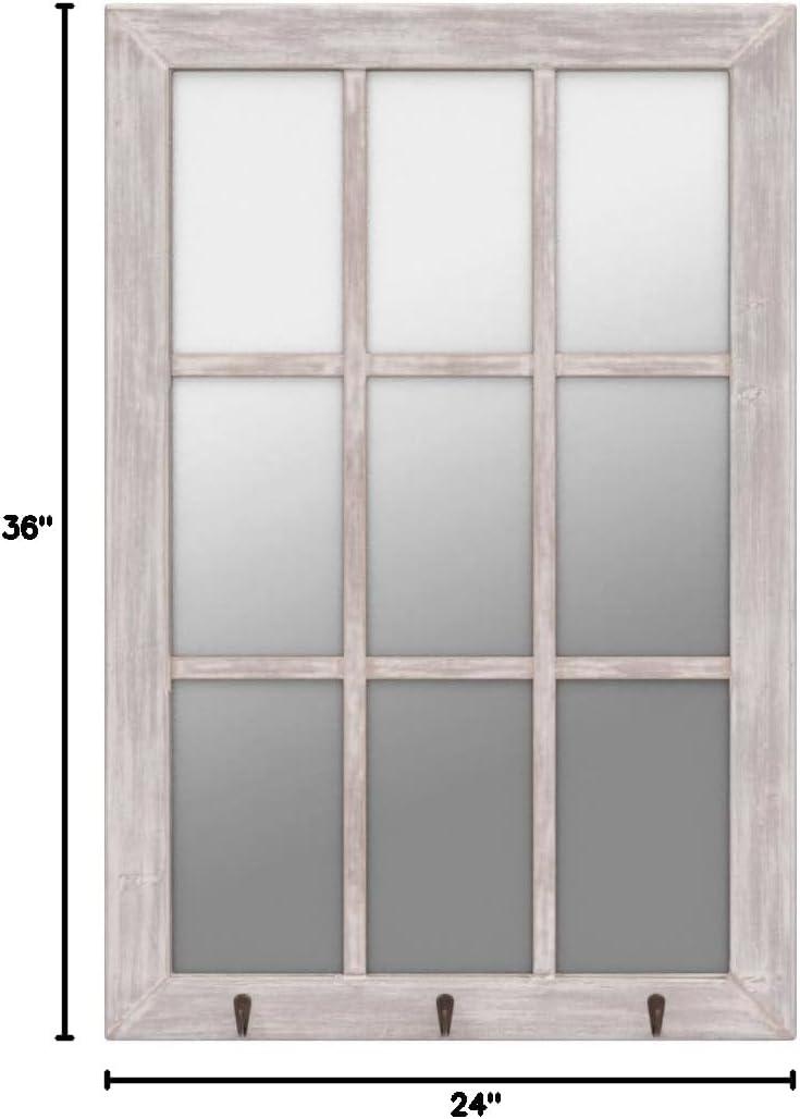 Distressed White Rectangular Wood Windowpane Wall Mirror with Hooks