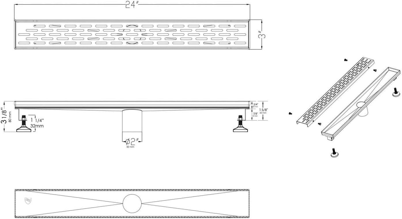 24" Silver Stainless Steel Linear Shower Drain with Groove Holes