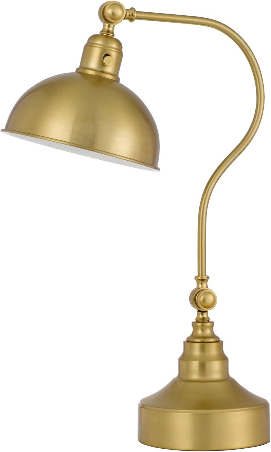 25 Inch Metal Curved Desk Lamp, Adjustable Dome Shade, Brass- Saltoro Sherpi