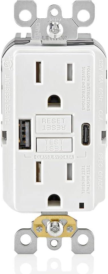 White Tamper Resistant GFCI Outlet with USB Type A & C