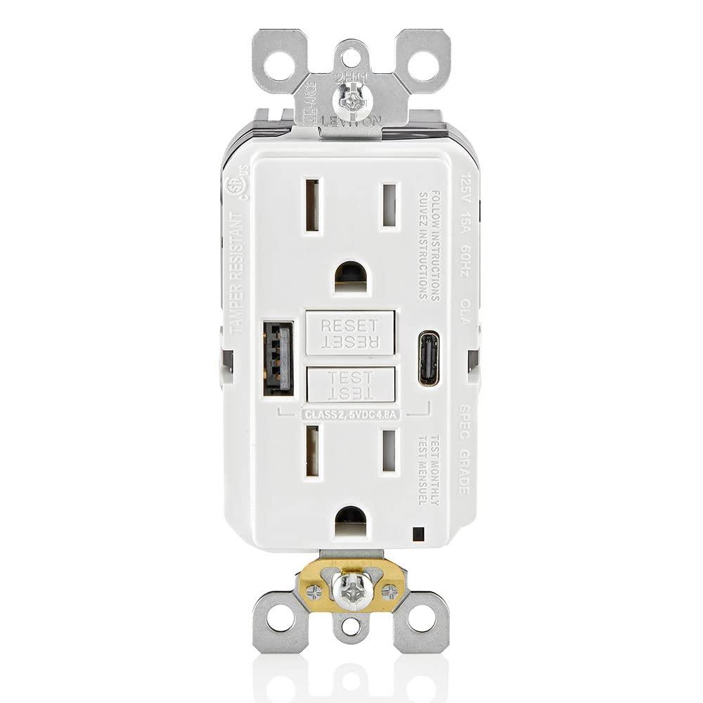 White Tamper Resistant GFCI Outlet with USB Type A & C