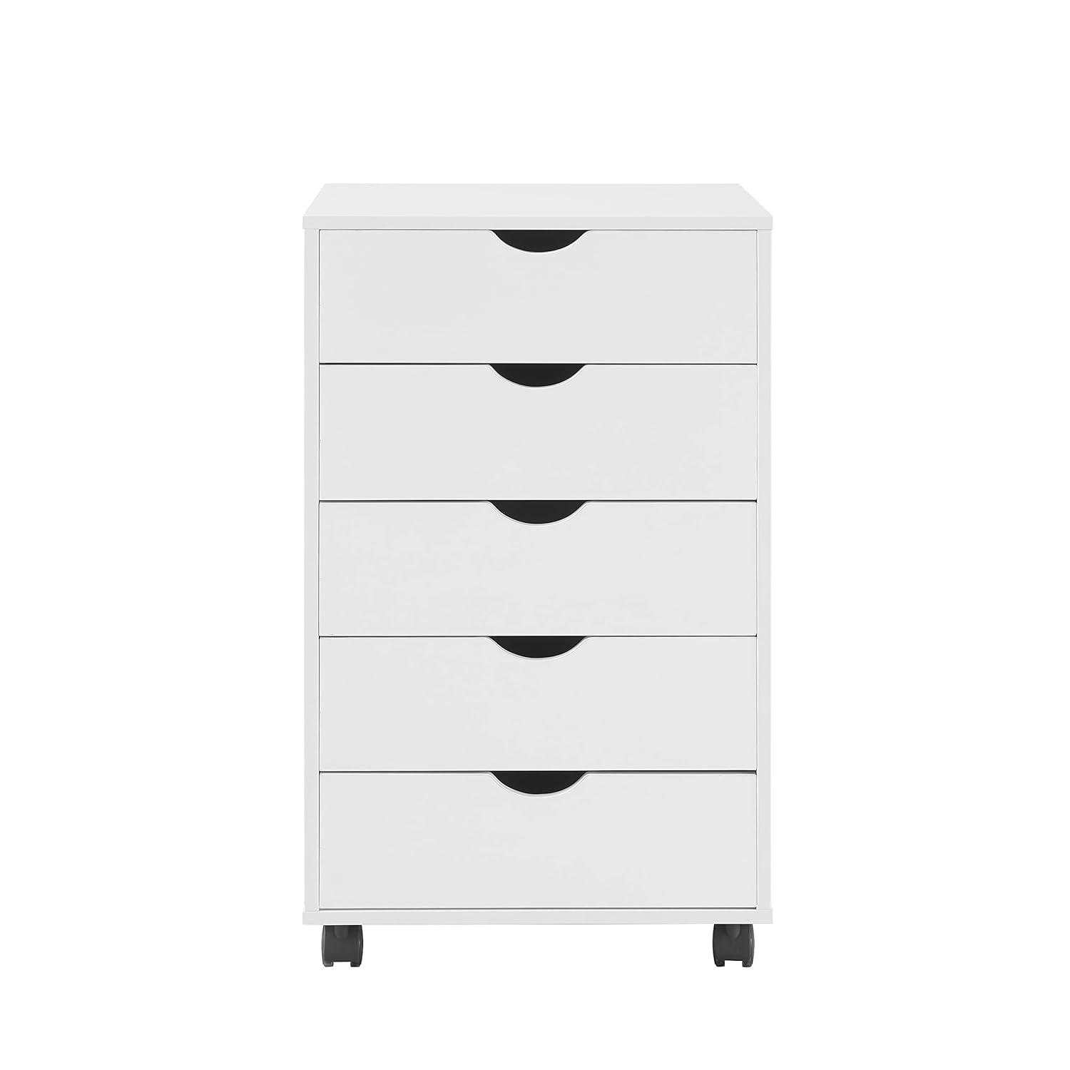 Naomi Home 5 Drawer Dresser, Tall Dressers for bedroom, Kids dresser with Wheels, Durable Storage dresser, Small Dresser for Closet, Makeup dresser with 180 lbs Capacity – White
