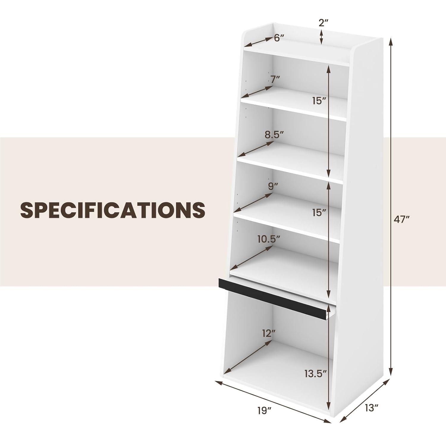 Tangkula 6-tier Bookcase w/ 2 Adjustable Shelves Filp-up Door 5 Open Shelves Bedroom White