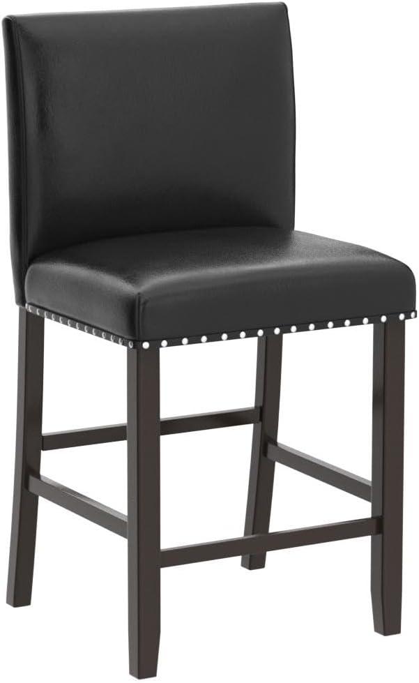 Set of 2 Gray Leather and Wood Bar Stools with Rivet Details