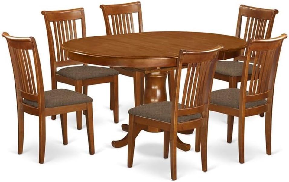 Saddle Brown Oval Dining Table Set with 6 Linen Chairs