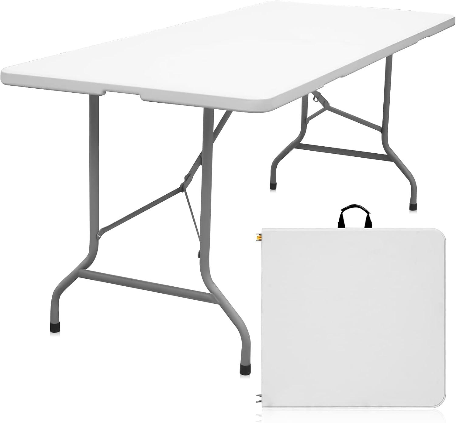 Folding Table 6ft Portable Heavy Duty Plastic Fold-in-Half Utility Foldable Table Plastic Dining Table Indoor Outdoor for Camping, Picnic and Party, White