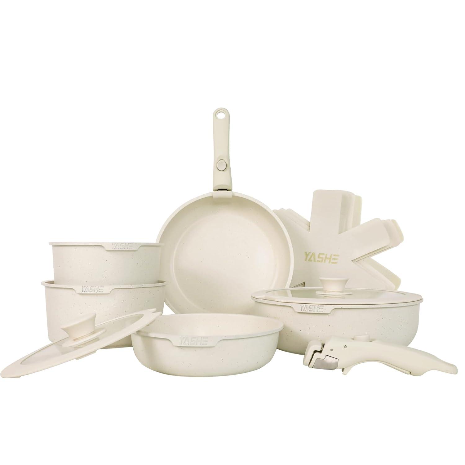 YASHE 13-Pieces Pots and Pans Set Non Stick, Ceramic Kitchen Cookware Set, Detachable Dandle Pots and Pans with Pan Protectors
