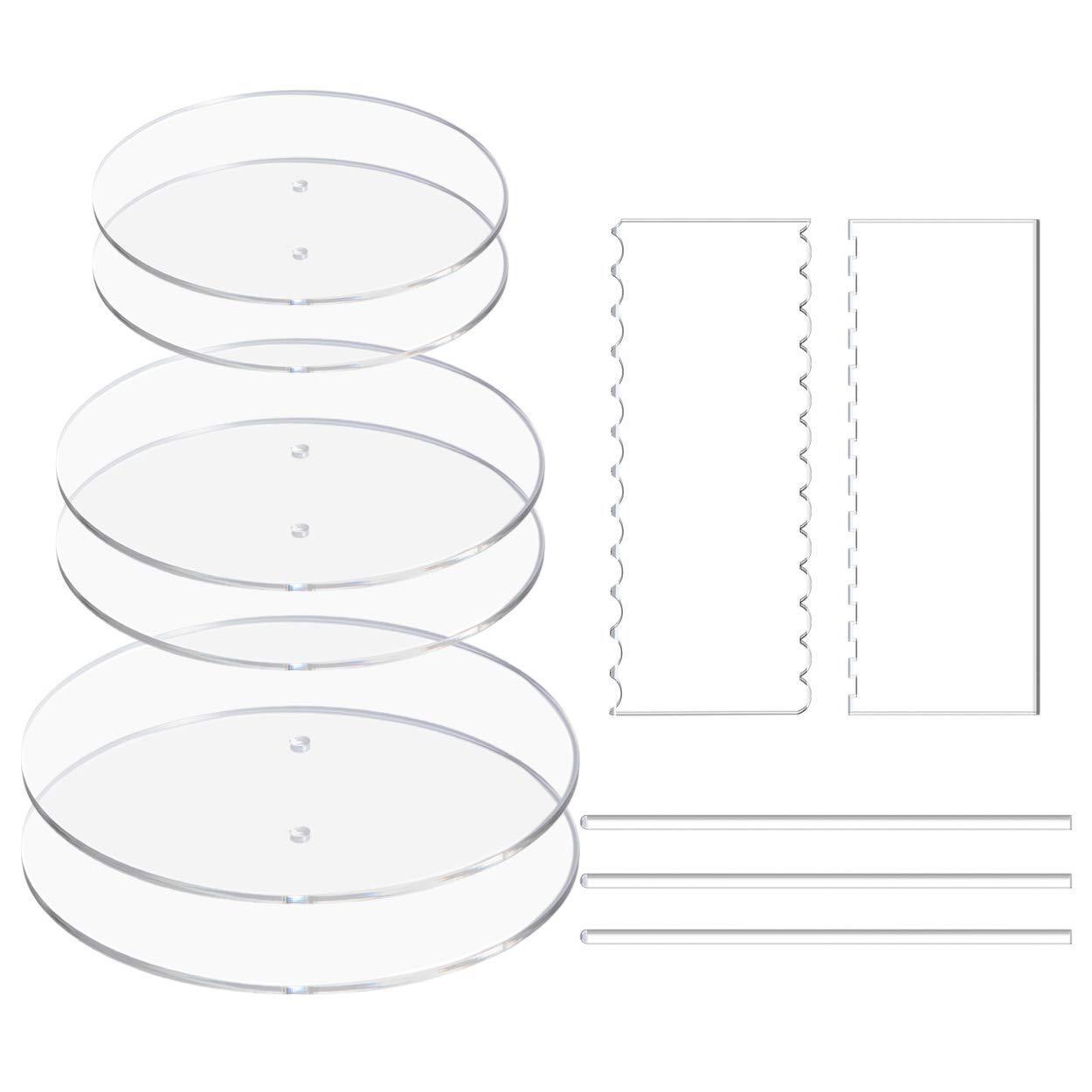 Acrylic Cake Discs Set - Round Buttercream Cake Decorating Tools with 6 Acrylic Discs(2 Each of 6.5”, 8.5”, 10.5"), 2 Icing Scraper and 3 Center Dowel - for Serving Bake Goods