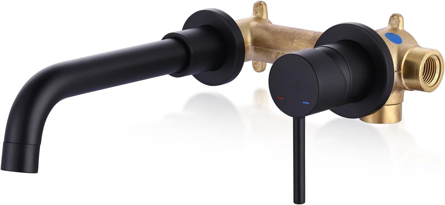 Matte Black Wall Mount Bathroom Faucet with Brass Valve