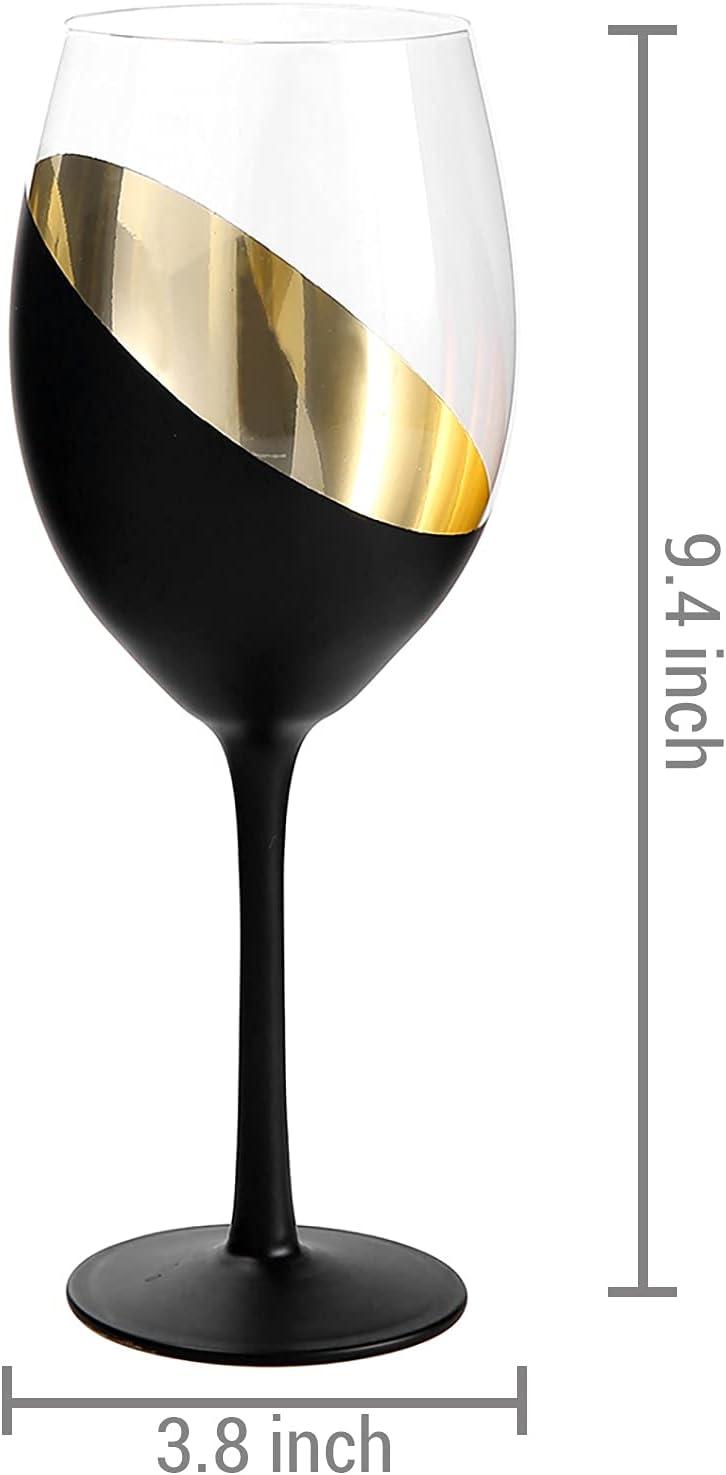 MyGift Set of 4 Matte Black & Gold Wine Glasses, 14 oz Stemmed Titled Design