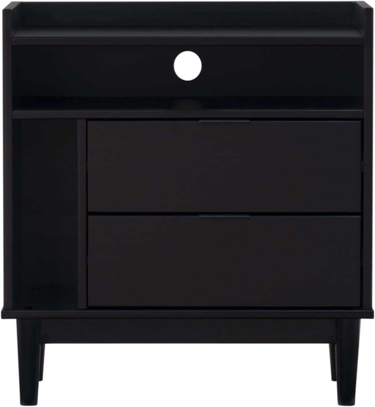 Black Mid-Century Modern 2-Drawer Pine Wood Nightstand