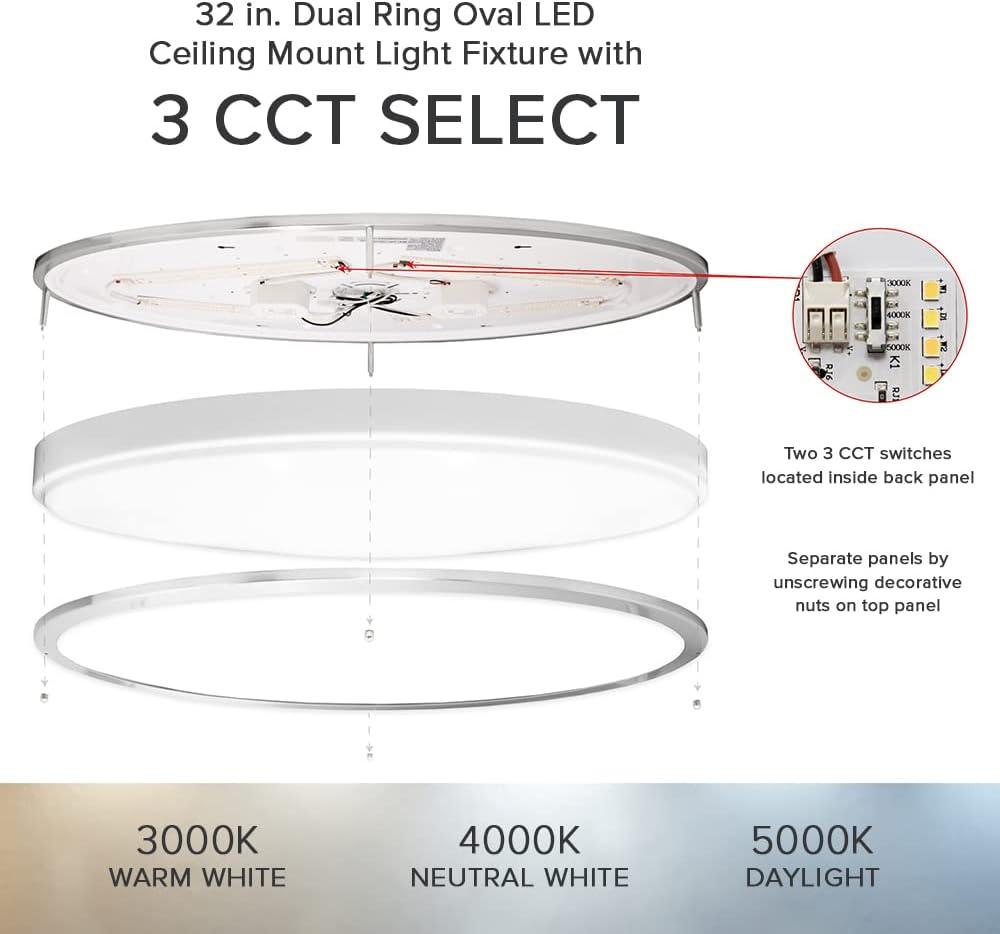 Maxxima 32” 3 CCT Oval Satin Nickel LED Ceiling Mount Light Fixture, Color Selectable 3000K-5000K, 5500 Lumens, Dimmable