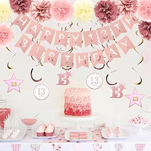 Rose Gold 13th Birthday Party Decors , Rose gold Glittery Happy 13th Birthday Banner,Poms,Sparkling Hanging Swirls Kit for 13th Birthday Party Supplies