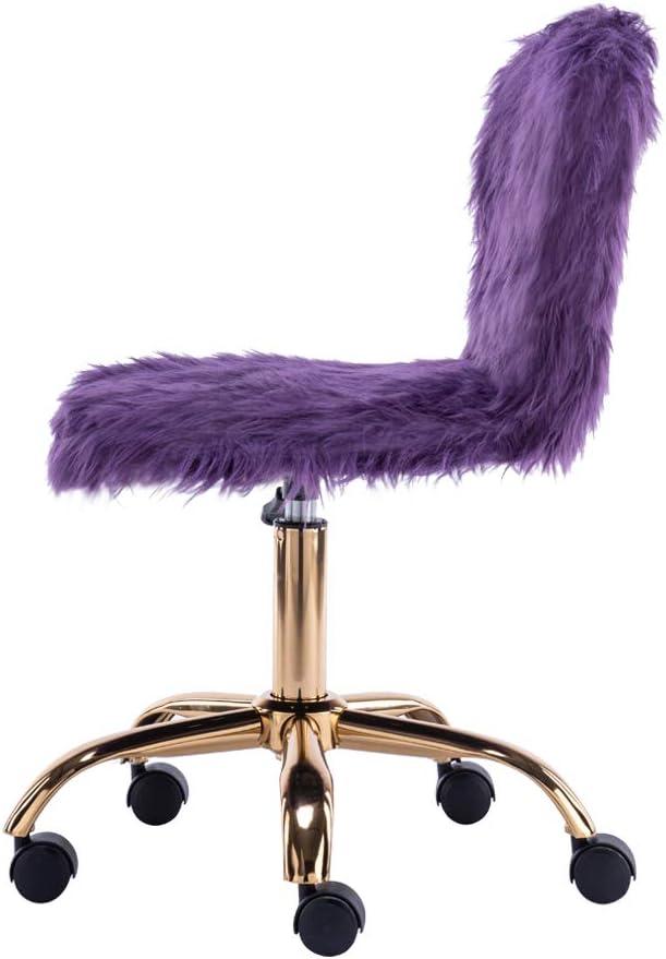 Purple Faux Fur Mid-Back Swivel Vanity Chair with Gold Legs