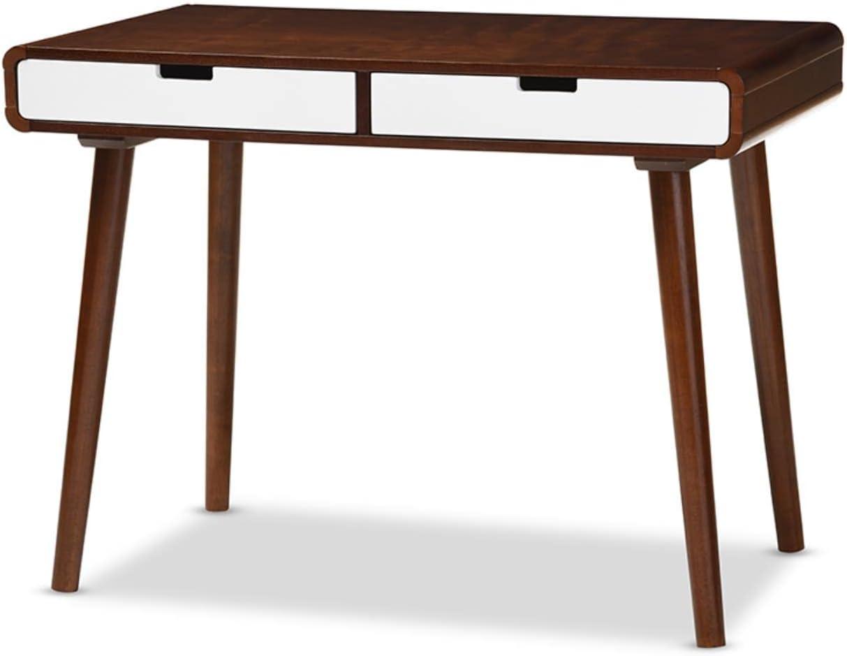 Baxton Studio Casarano Mid-century Modern Dark Walnut and White Two-tone Finish 2-drawer Wood Home Office Writing Desk