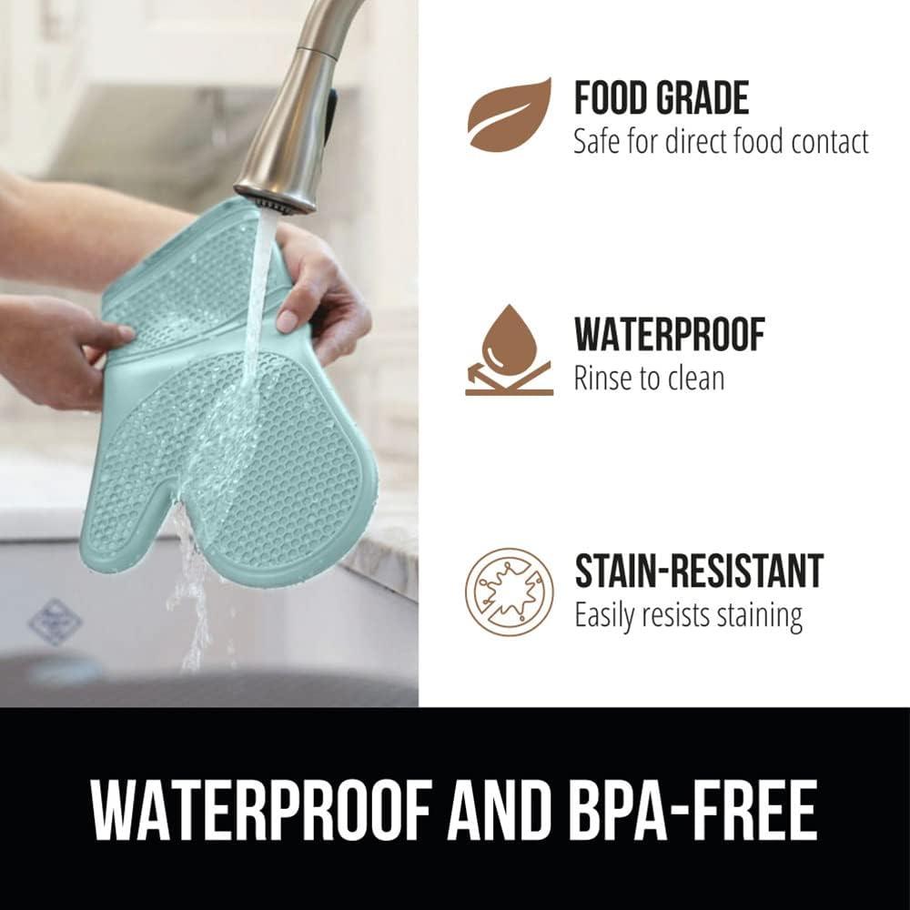 GORILLA GRIP Heat and Slip Resistant Silicone Oven Mitts and Trivet Set, Waterproof, Set of 4, Mint