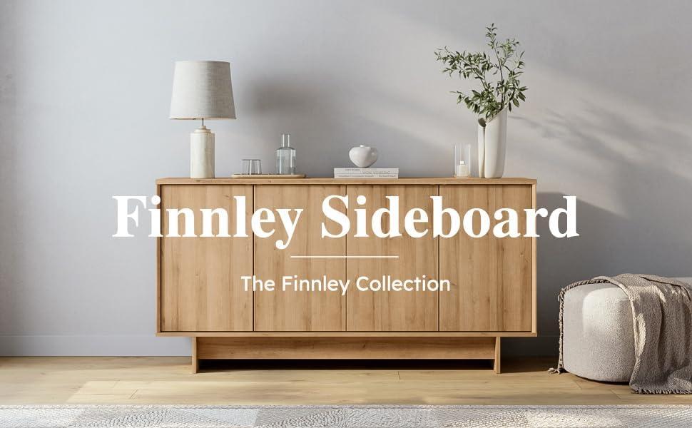 Prepac Natural Oak Finnley Sideboard Cabinet Buffet Cabinet with Storage Accent Cabinet for Living Room, Kitchen, Entryway Cabinet with Adjustable Shelves Push Latch System 16"D x 61.5"W x 30.75"H