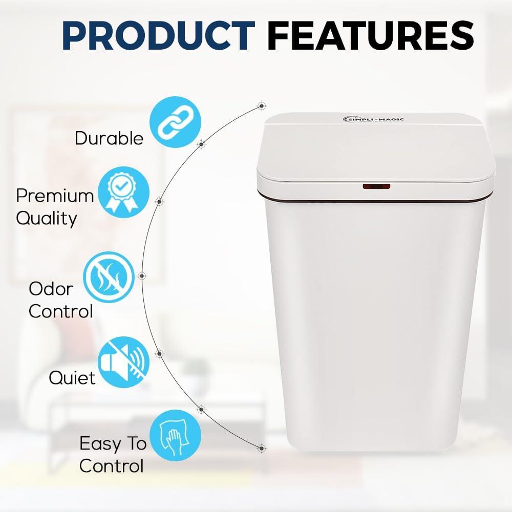 13 Gallon  Sensor Trash Can, Rectangle Garbage Bin, Perfect for Home, Kitchen, Office, White