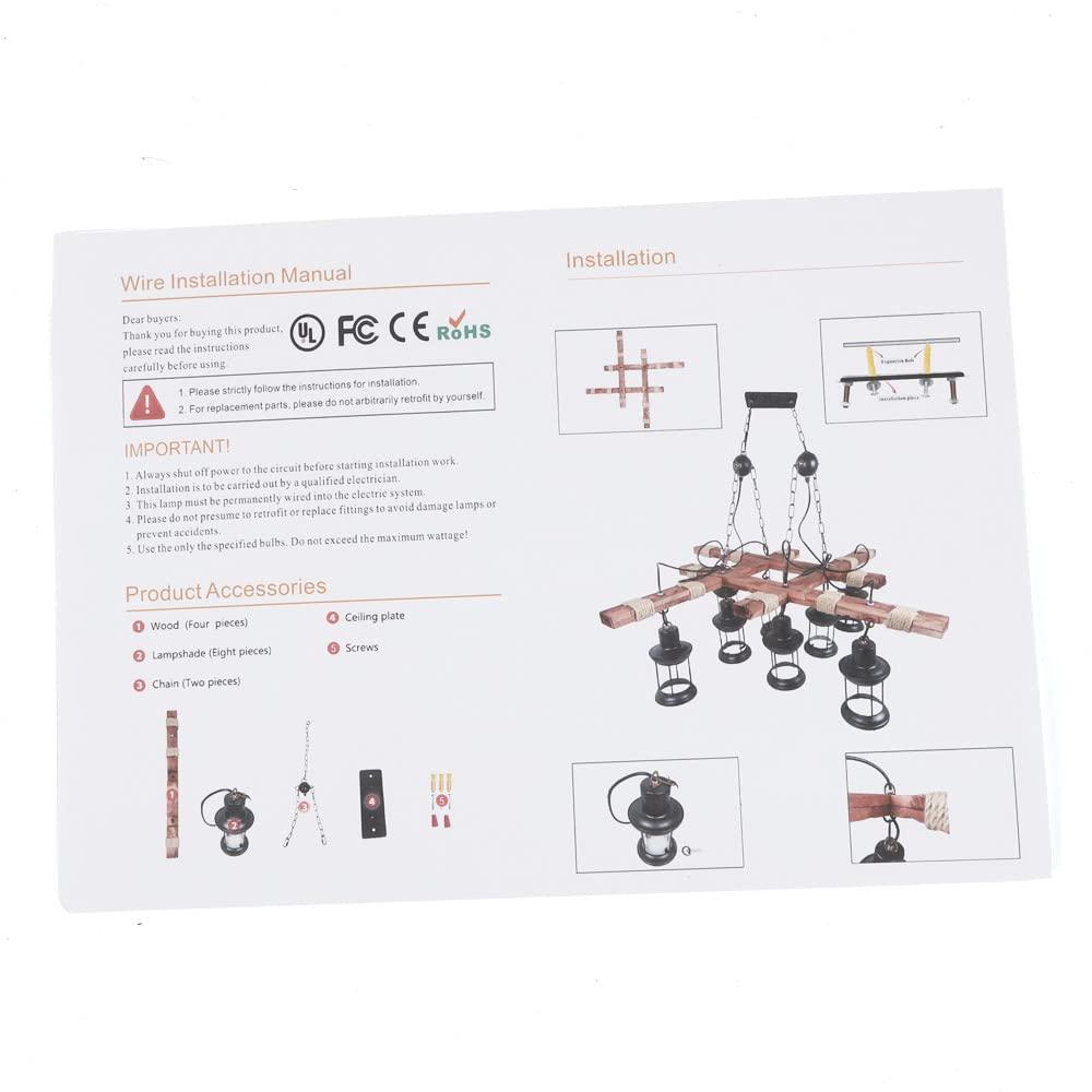Rongfun 8-Light Rustic Country Chandelier Wood Pendant Lamp Industrial Ceiling Fixture