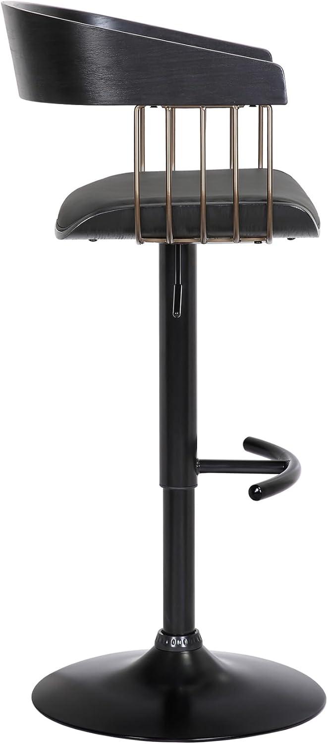 Larisa Adjustable Black Wood Bar Stool in Black Faux Leather with Golden Bronze and Black Metal