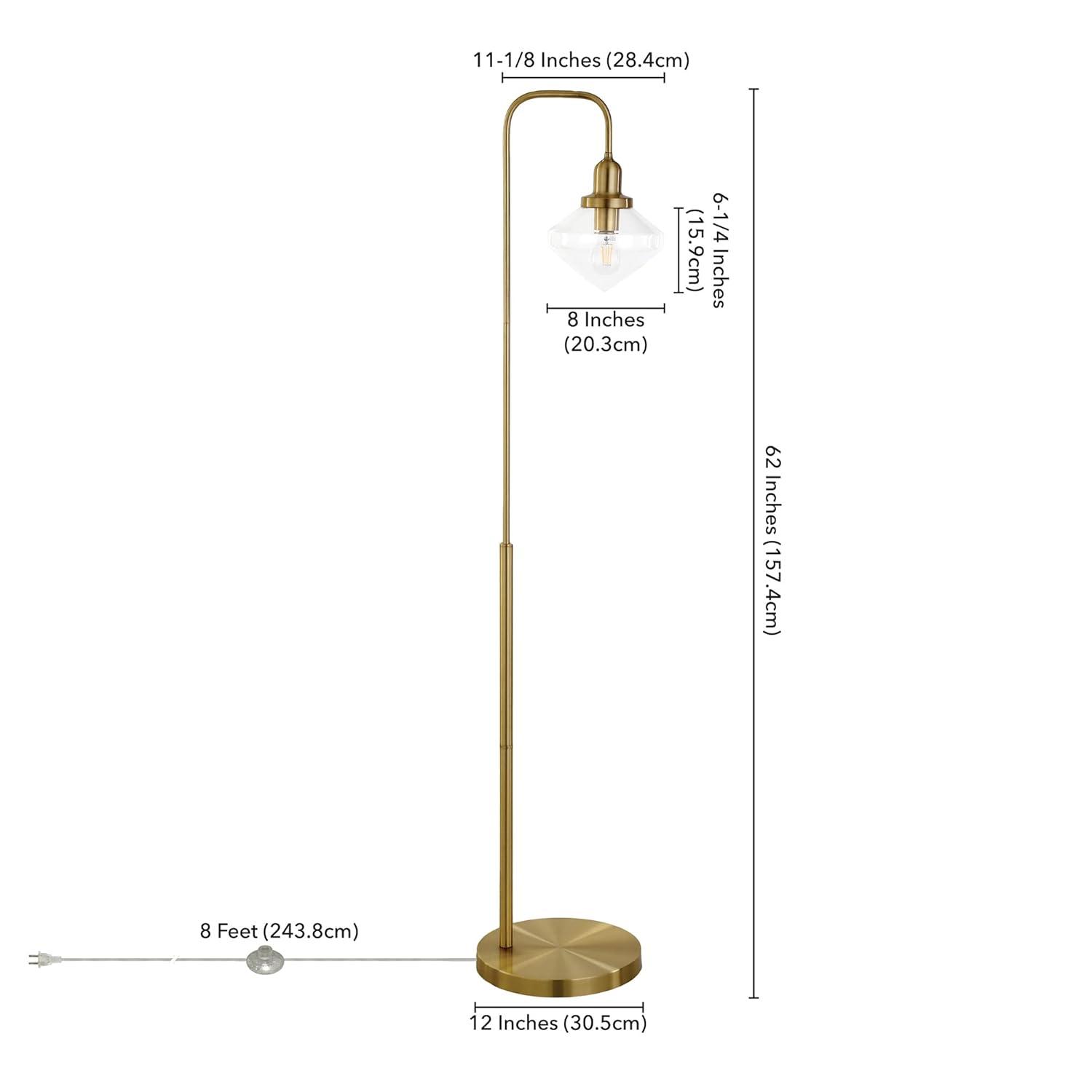 Evelyn&Zoe Zariza Arc Floor Lamp with Glass Shade, Brass/Clear