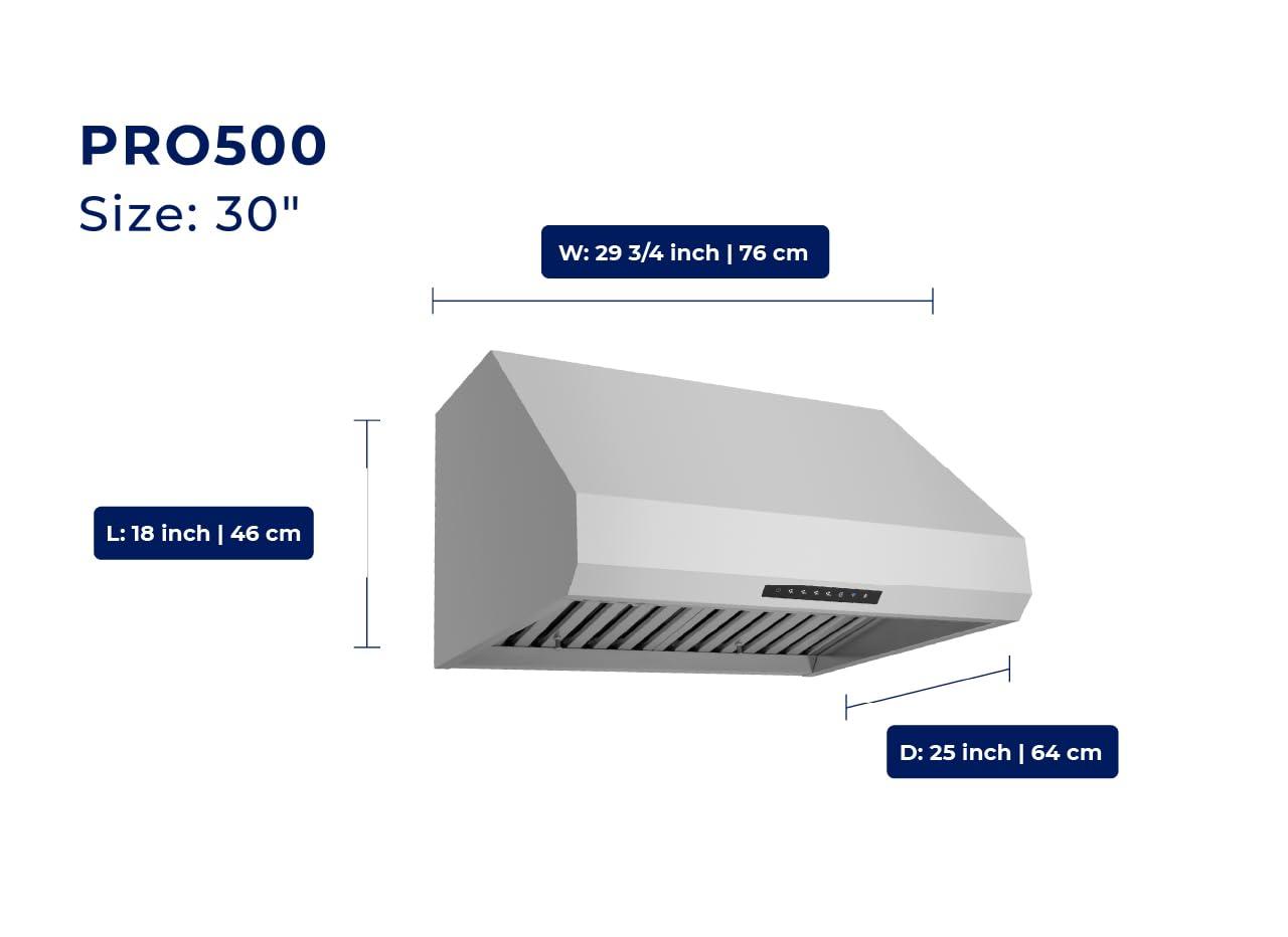 30" 540 CFM Versatile Under Cabinet or Wall Mounted Range Hood in Stainless Steel with Smart Feature