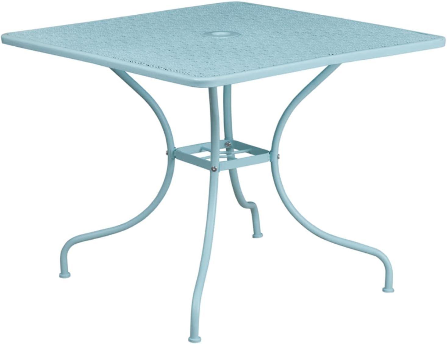 Flash Furniture Oia Commercial Grade 35.5" Square Sky Blue Indoor-Outdoor Steel Patio Table with Umbrella Hole