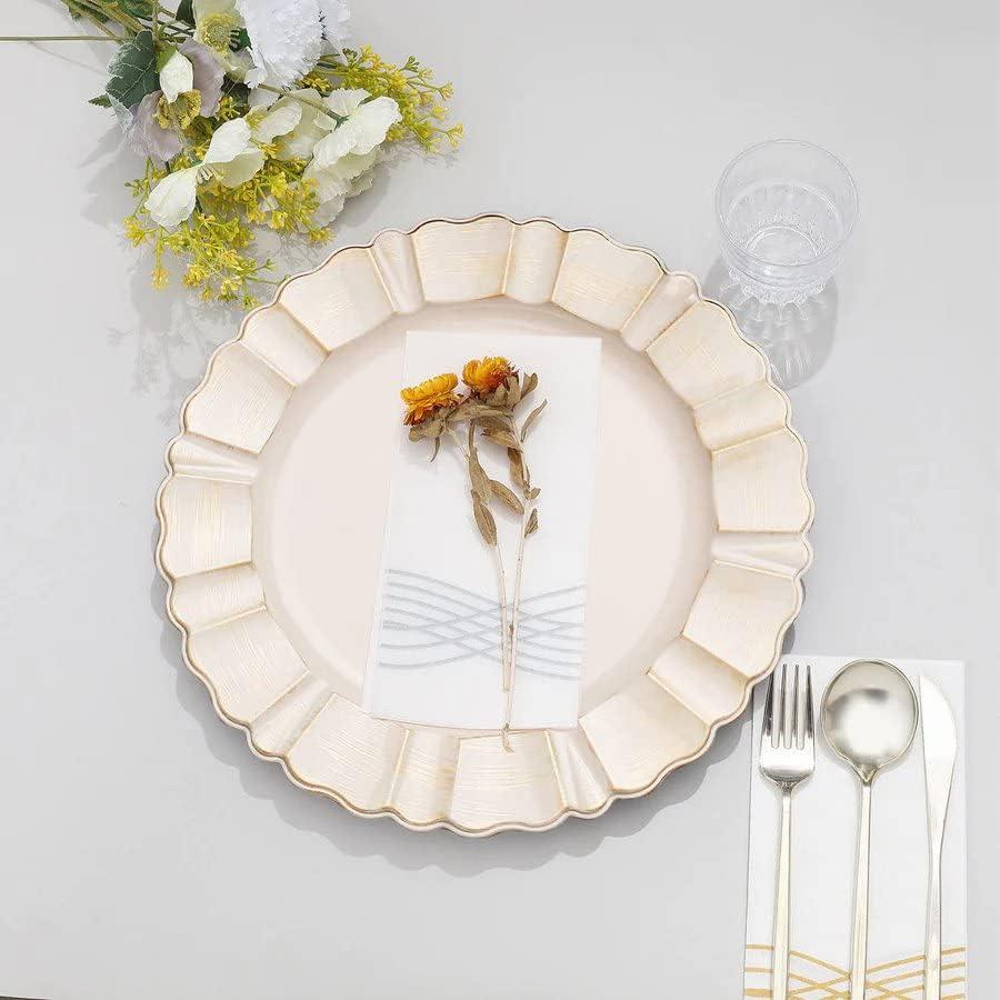 BalsaCircle 6 Dusty Blue Gold 13" Acrylic Wooden Textured Round Scalloped Trim Plastic Charger Plates