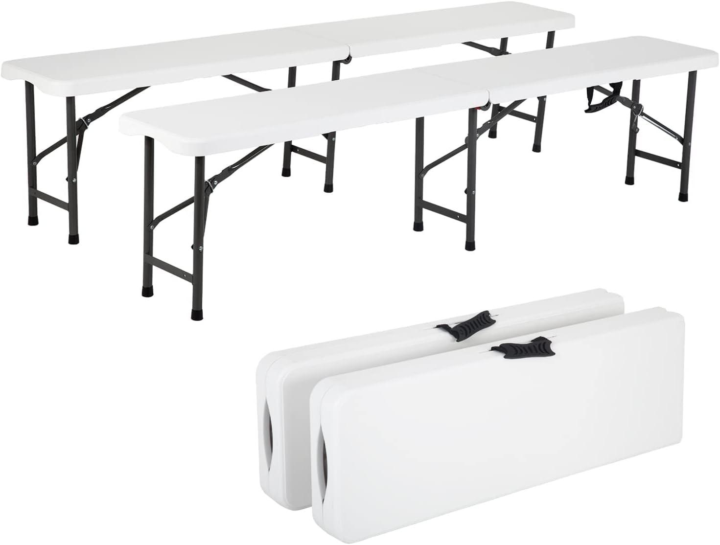 YRLLENSDAN Portable Folding Bench Plastic with Carrying Handle and Steel Frame, White (Set of 2)